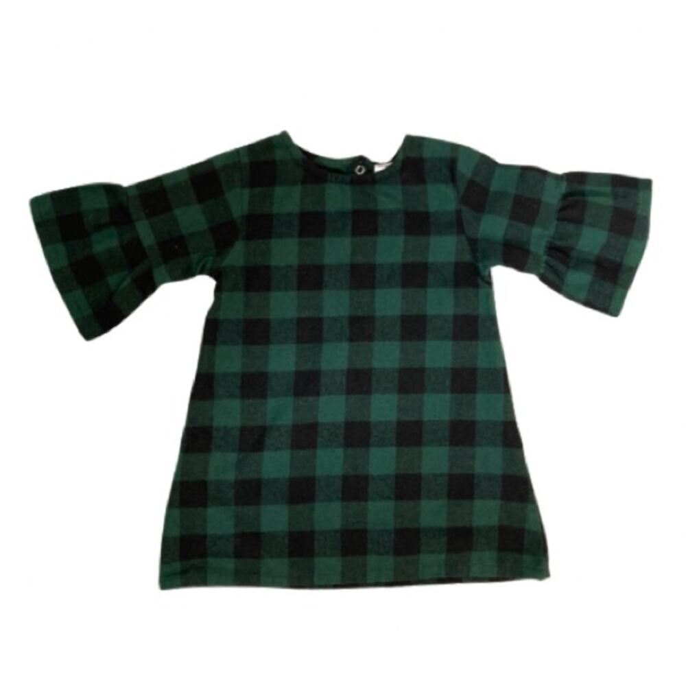 Green and Black Buffalo Plaid Christmas Holiday Poet Long Half Sleeve Dress